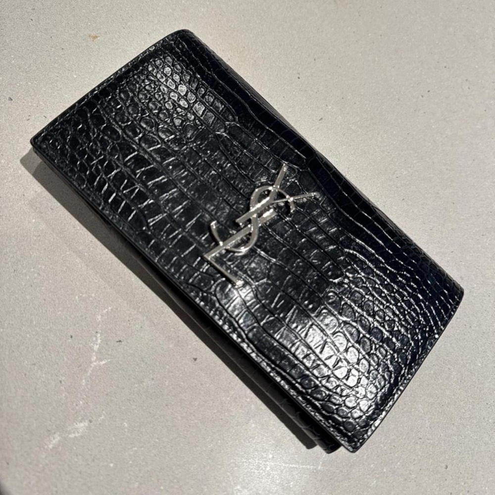YSL black Croc Embossed Cassandra Wallet with Silver Logo